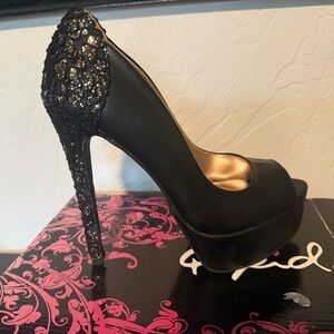 Qupid Black Glitter Peep-Toe Heels